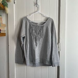 American Eagle Gray Crewneck with Fringe Detail